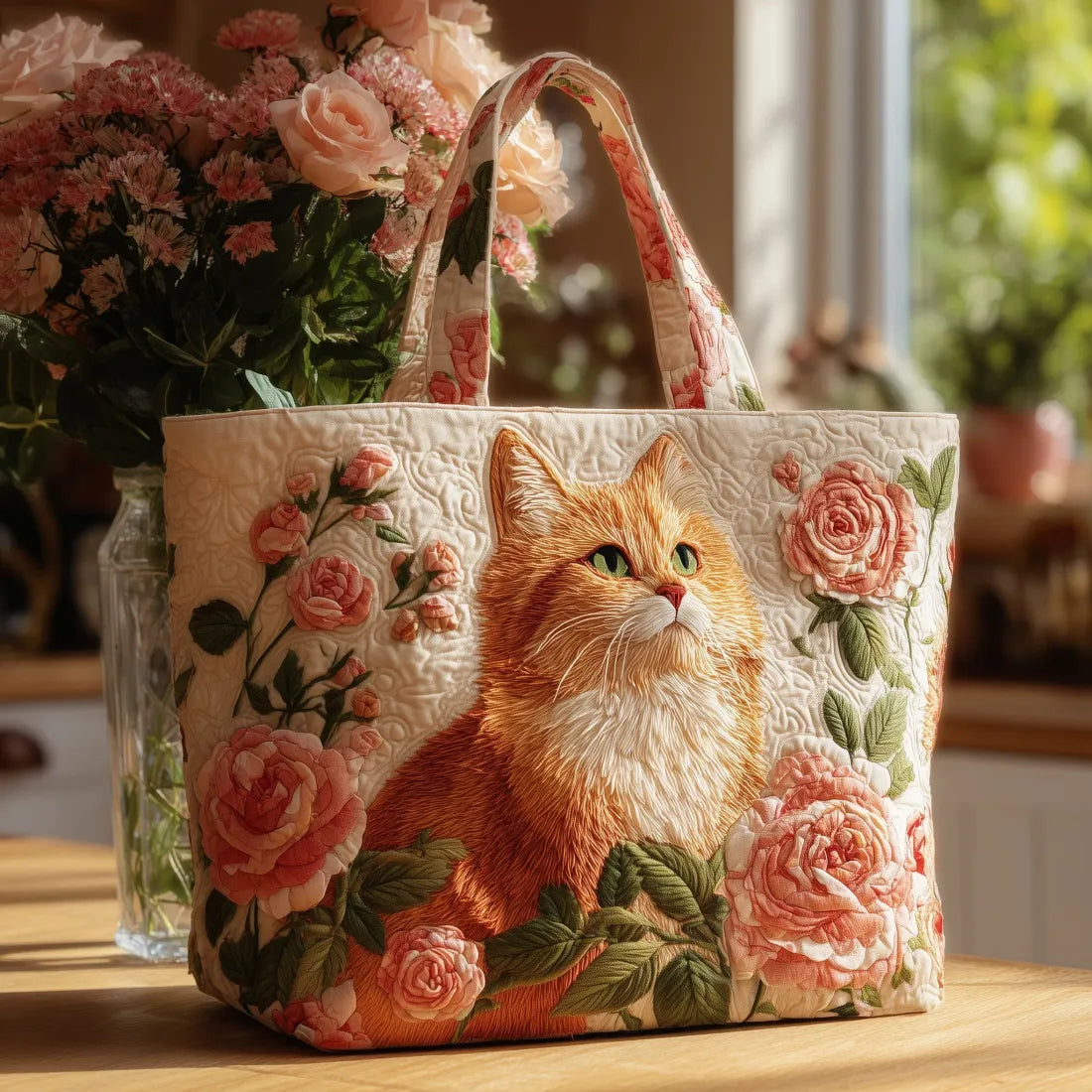 Handcrafted Ginger Cat with Roses Bag