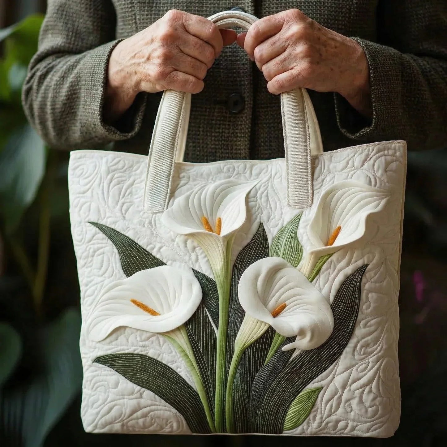 Handcrafted Quilted Bag – White Calla Lilies