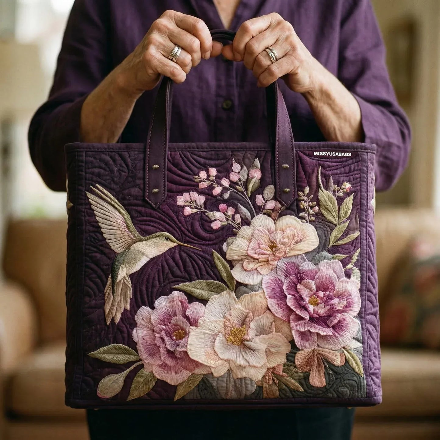 Handcrafted Quilted Bag – Hummingbirds & Orchids