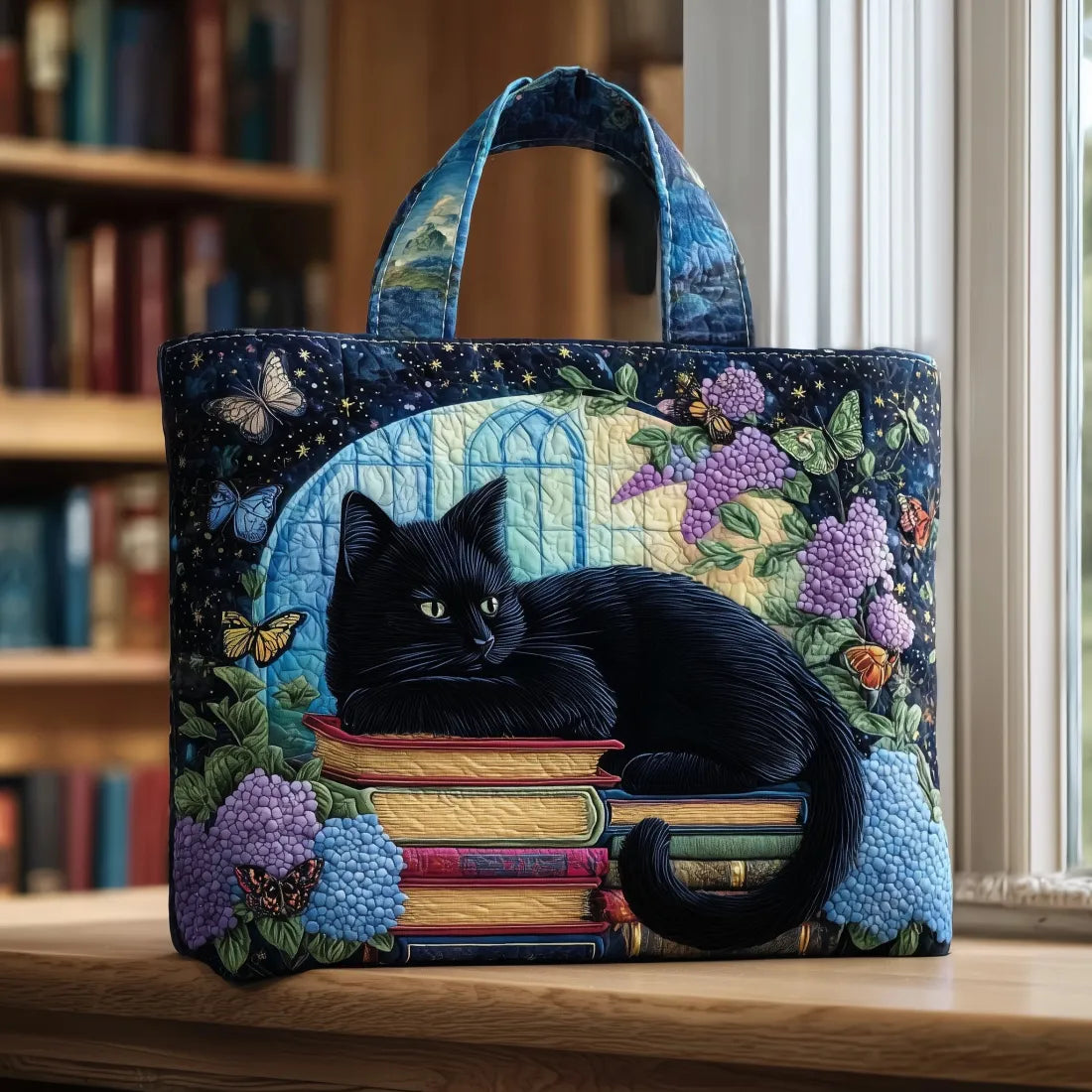 Handcrafted Black Cat on Books Bag