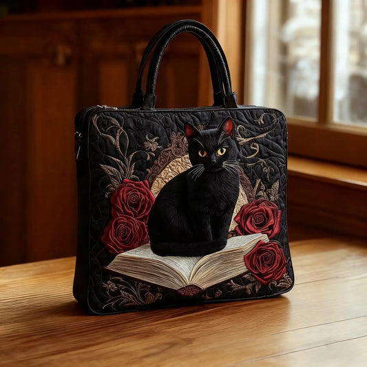 Handcrafted Quilted Bag – Black Cat on Books